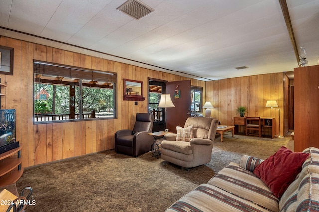 living room featuring a healthy amount of sunlight, carpet, and wooden walls