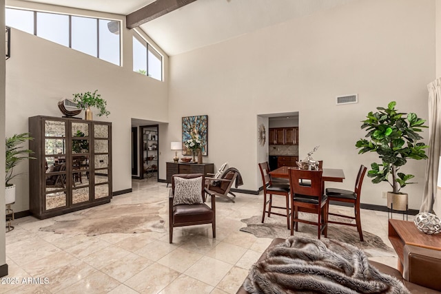 10826 E Navajo Dr, Sun Lakes, AZ 85248 - living area with visible vents, beam ceiling, high vaulted ceiling, and baseboards