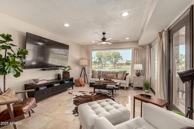 10826 E Navajo Dr, Sun Lakes, AZ 85248 - living area featuring a textured ceiling, a ceiling fan, and recessed lighting