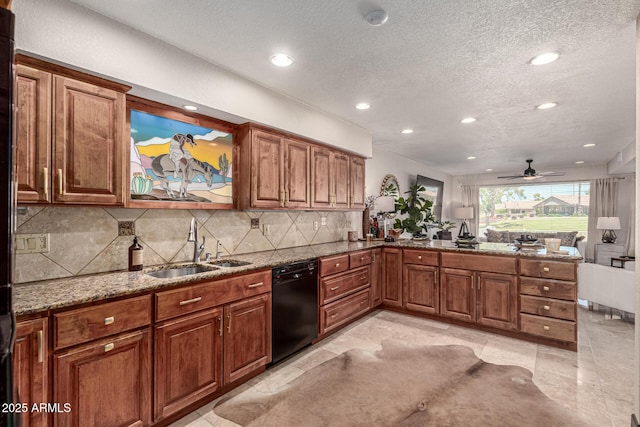 10826 E Navajo Dr, Sun Lakes, AZ 85248 - kitchen with black dishwasher, a textured ceiling, a sink, and brown cabinets