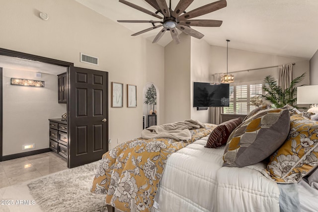 10826 E Navajo Dr, Sun Lakes, AZ 85248 - bedroom featuring marble finish floor, ceiling fan with notable chandelier, baseboards, visible vents, and high vaulted ceiling
