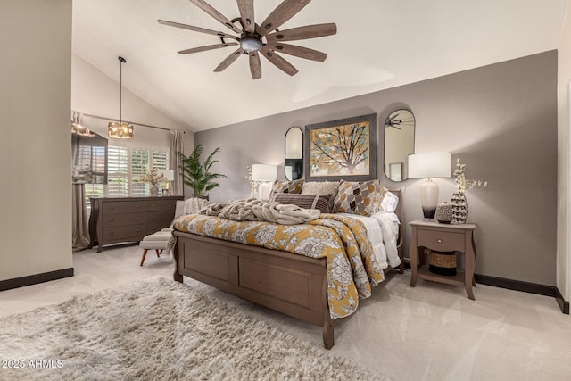 10826 E Navajo Dr, Sun Lakes, AZ 85248 - bedroom featuring lofted ceiling, baseboards, ceiling fan with notable chandelier, and carpet floors