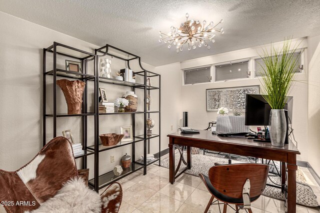 10826 E Navajo Dr, Sun Lakes, AZ 85248 - office area with a textured ceiling and a notable chandelier