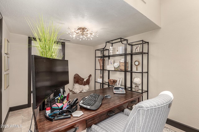 10826 E Navajo Dr, Sun Lakes, AZ 85248 - office area with baseboards, visible vents, and an inviting chandelier