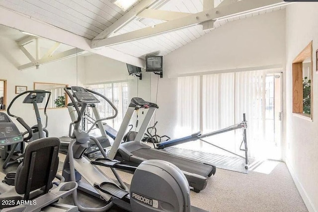 workout area featuring baseboards, lofted ceiling, wood ceiling, and carpet flooring