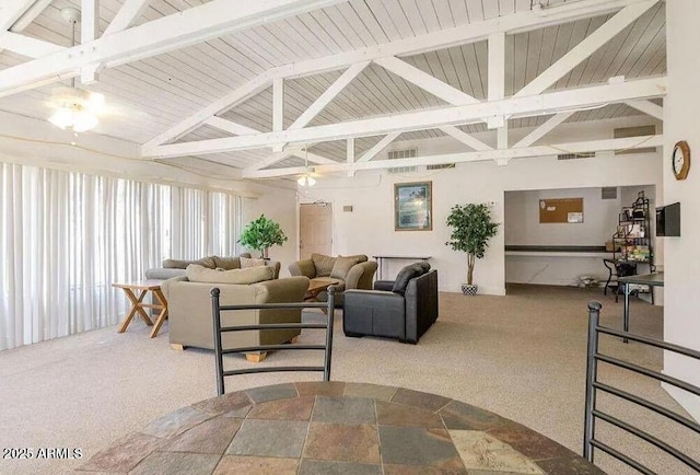 living room with wood ceiling, vaulted ceiling with beams, carpet, and a ceiling fan