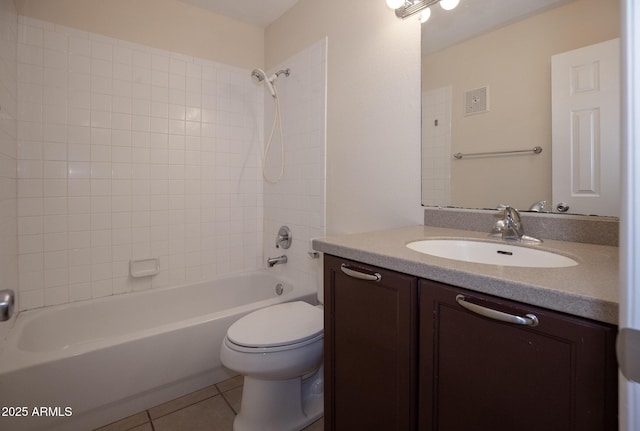 full bath featuring visible vents, toilet, bathtub / shower combination, tile patterned floors, and vanity