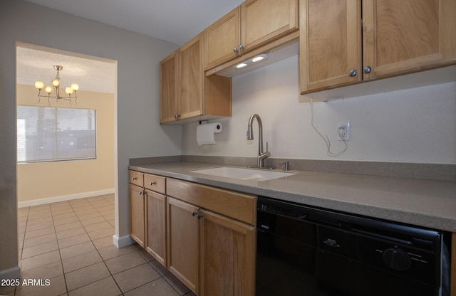 kitchen with light tile patterned floors, a sink, light countertops, black dishwasher, and a notable chandelier