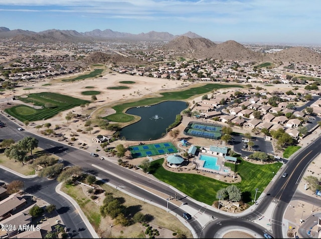 bird's eye view featuring a water and mountain view