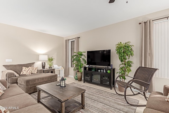 living room featuring ceiling fan