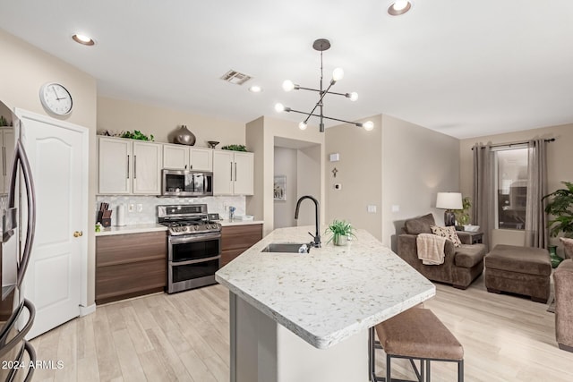 kitchen featuring white cabinets, appliances with stainless steel finishes, an island with sink, and sink