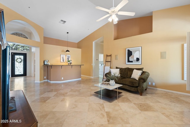 19275 N 88th Way, Scottsdale, AZ 85255 - living area featuring high vaulted ceiling and a ceiling fan