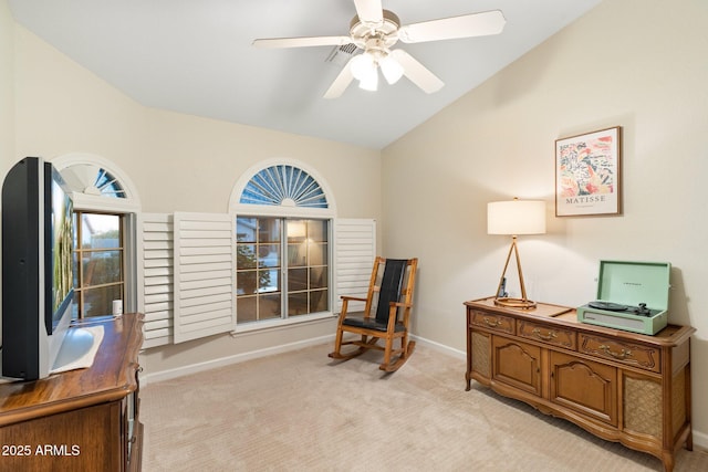 19275 N 88th Way, Scottsdale, AZ 85255 - sitting room with lofted ceiling, light colored carpet, ceiling fan, and a desk