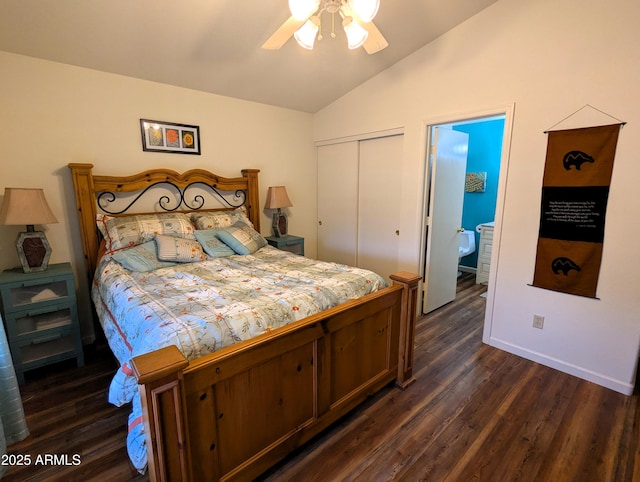 bedroom featuring a ceiling fan, a closet, baseboards, lofted ceiling, and dark wood-style flooring