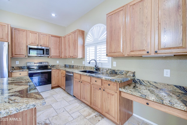 1470 W Bartlett Way, Chandler, AZ 85248 - kitchen with stainless steel appliances, a sink, light stone counters, recessed lighting, and light stone finish floors