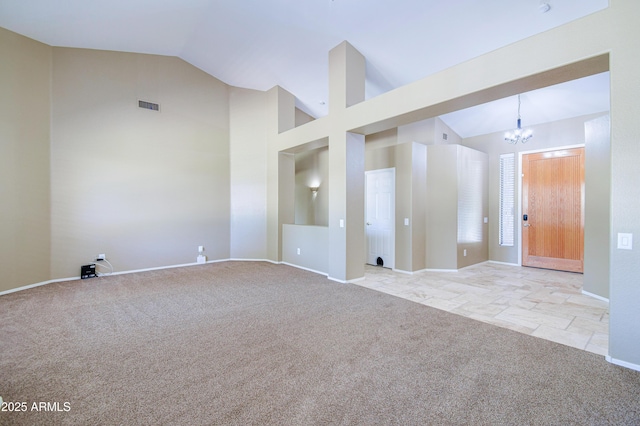 1470 W Bartlett Way, Chandler, AZ 85248 - carpeted empty room with high vaulted ceiling, a chandelier, and baseboards
