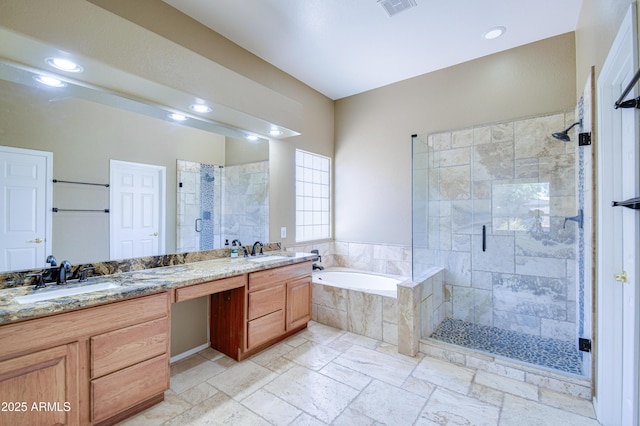 1470 W Bartlett Way, Chandler, AZ 85248 - full bath with a garden tub, a stall shower, double vanity, recessed lighting, and stone tile flooring