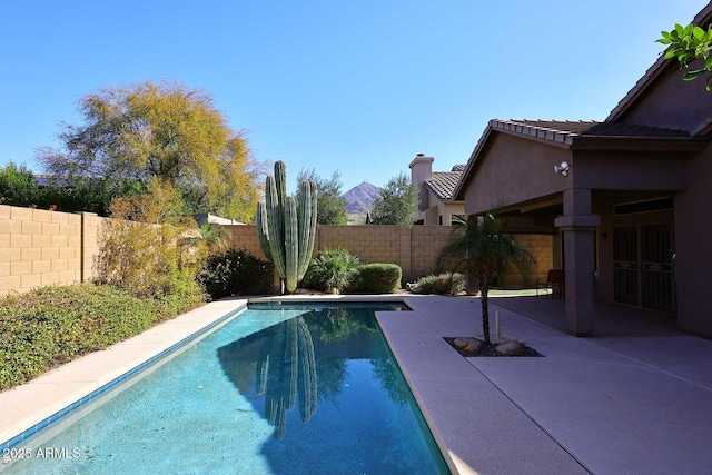 view of swimming pool with a fenced in pool, a patio, and a fenced backyard