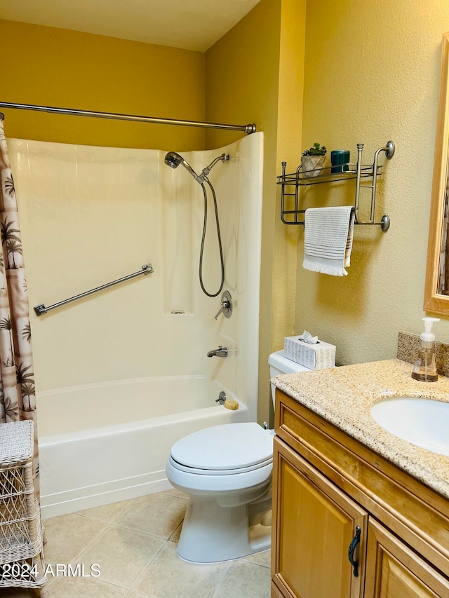 full bathroom featuring tile patterned flooring, vanity, shower / bath combination with curtain, and toilet