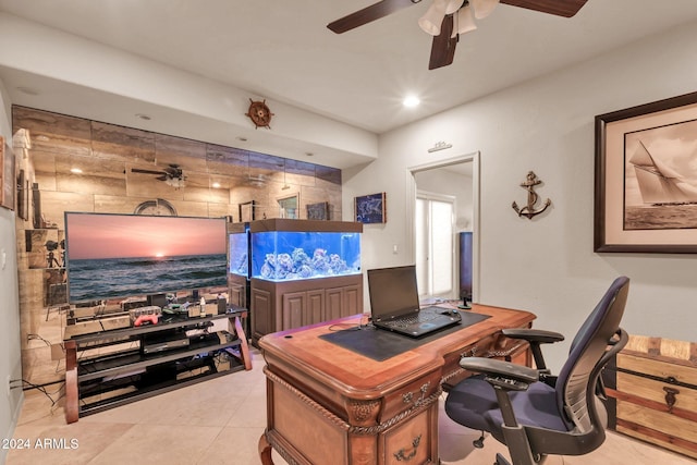 tiled office featuring ceiling fan