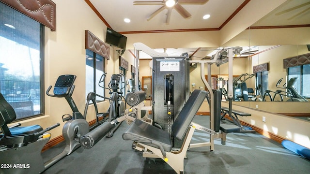 exercise room with crown molding, a healthy amount of sunlight, and ceiling fan