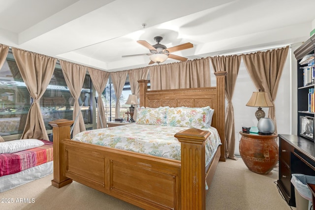 bedroom with light colored carpet and ceiling fan