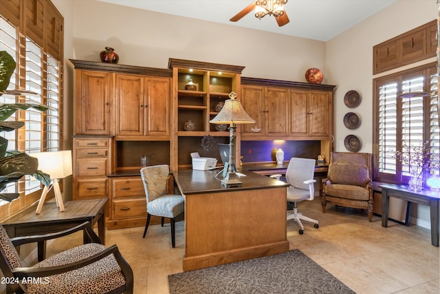 office area featuring ceiling fan and light tile patterned flooring