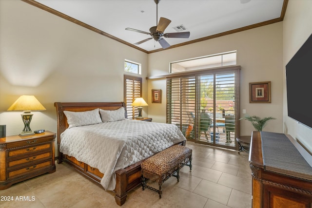 bedroom featuring access to outside, ceiling fan, and ornamental molding