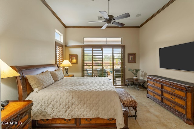 bedroom with ceiling fan, light tile patterned flooring, and ornamental molding