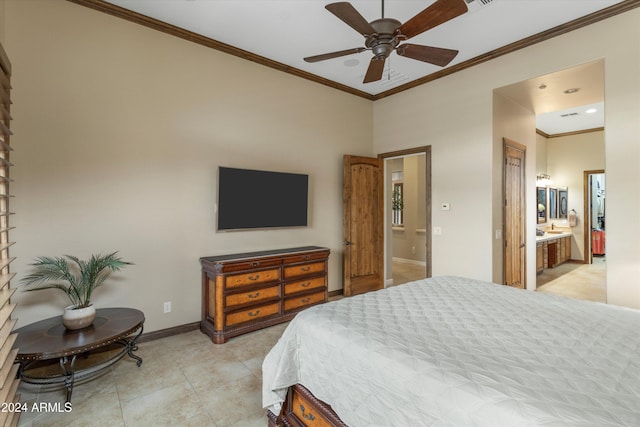 bedroom featuring ensuite bathroom, crown molding, and ceiling fan