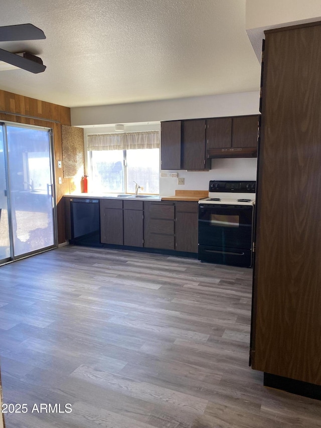 kitchen featuring electric stove, dishwasher, dark brown cabinets, a textured ceiling, and light wood-type flooring