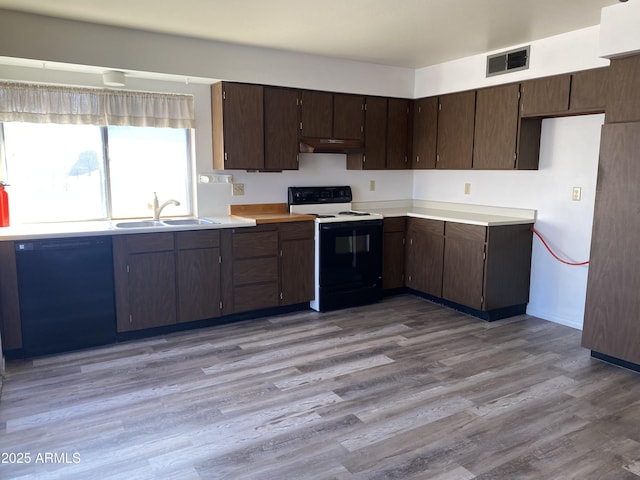 kitchen with sink, electric range, dark brown cabinets, and dishwasher