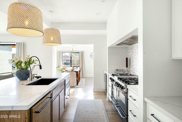 kitchen with range with two ovens, a wealth of natural light, a sink, and tasteful backsplash