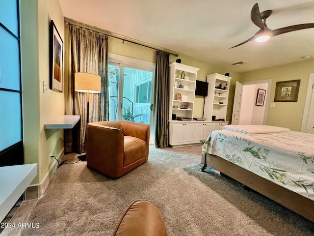 bedroom featuring carpet floors, access to exterior, and ceiling fan