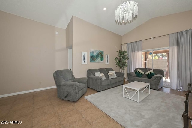 living room with light tile patterned flooring, an inviting chandelier, and vaulted ceiling