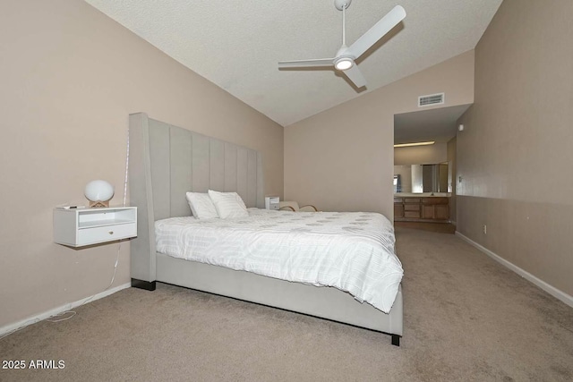 carpeted bedroom with lofted ceiling, a textured ceiling, and ceiling fan