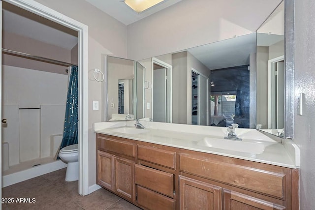 bathroom featuring tile patterned floors, vanity, toilet, and a shower with shower curtain