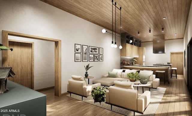 living area with a high ceiling, wood ceiling, and light wood-style floors