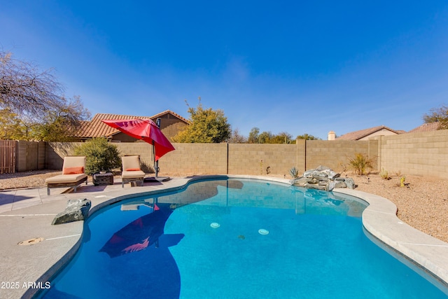 view of pool featuring a patio, a fenced backyard, and a fenced in pool