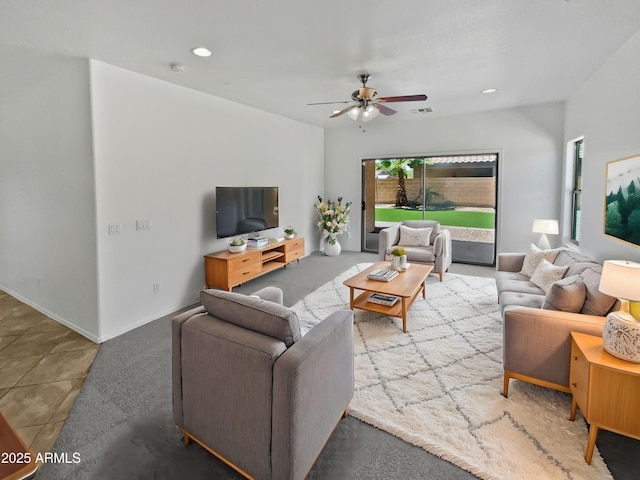 8616 S 57th Dr, Laveen, AZ 85339 - living room with visible vents, ceiling fan, recessed lighting, and baseboards