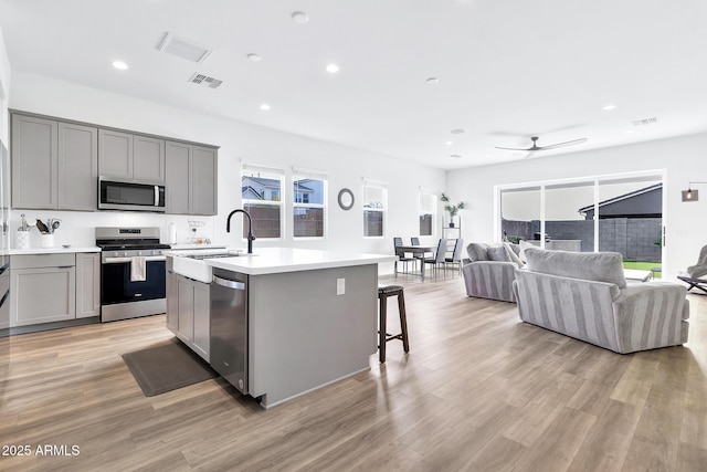 kitchen with sink, appliances with stainless steel finishes, gray cabinetry, a center island with sink, and light wood-type flooring