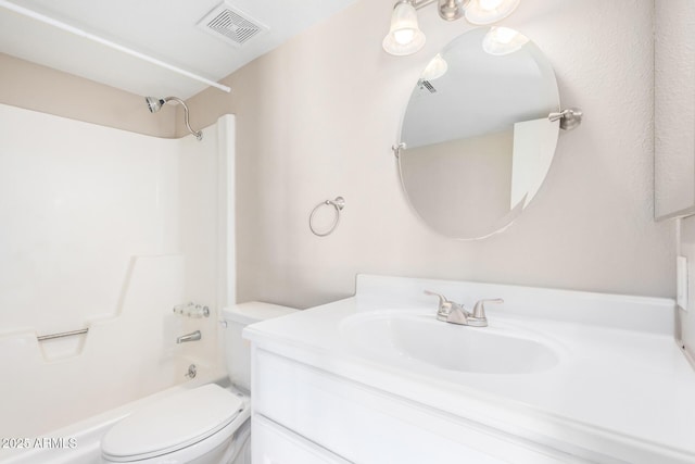 full bathroom featuring toilet, visible vents, tub / shower combination, and vanity