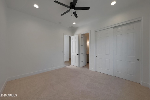 2859 E Los Altos Rd, Gilbert, AZ 85297 - unfurnished bedroom with light colored carpet, recessed lighting, a closet, and a ceiling fan