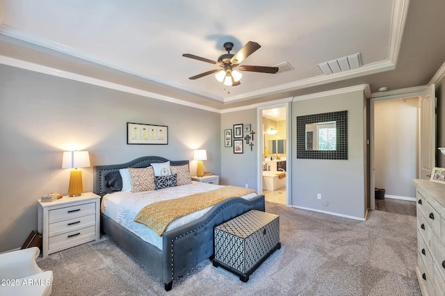 carpeted bedroom featuring ornamental molding, visible vents, and baseboards