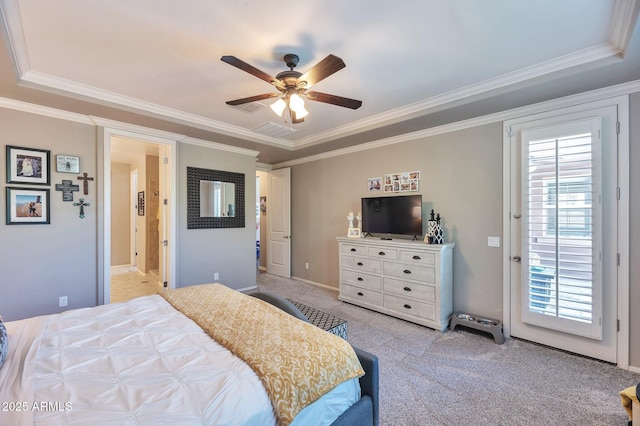 carpeted bedroom with ornamental molding, ceiling fan, access to outside, and visible vents