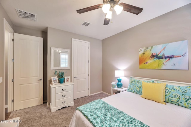 bedroom featuring visible vents, ceiling fan, baseboards, and carpet floors