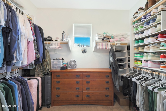 walk in closet featuring light carpet