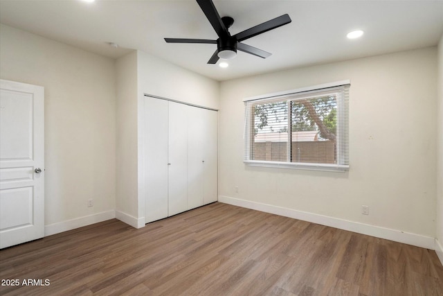 1939 E Alameda Dr, Tempe, AZ 85282 - unfurnished bedroom with wood finished floors, baseboards, recessed lighting, a closet, and ceiling fan