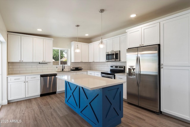 1939 E Alameda Dr, Tempe, AZ 85282 - kitchen featuring stainless steel appliances, a sink, wood finished floors, white cabinetry, and backsplash