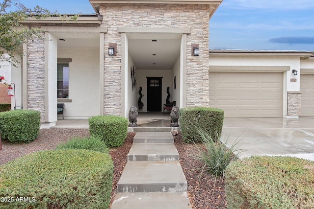 entrance to property with stone siding and stucco siding